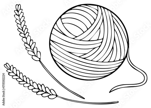 Cozy yarn ball and aromatic lavender sprigs outline drawing for craft and relaxation