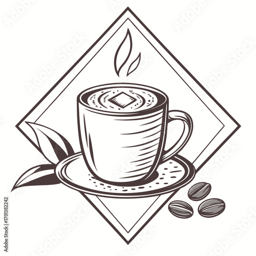 Aromatic Coffee Cup with Beans and Leaves