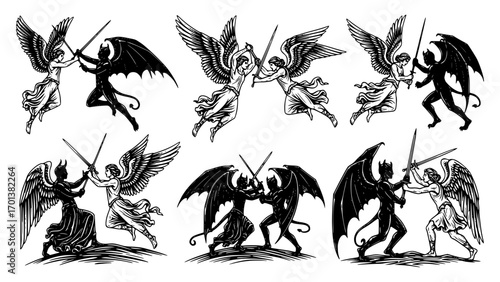 Angels battling demons in various poses