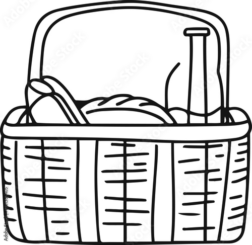minimal line drawing of picnic basket with wine bottle and bread, black outline, white background 2