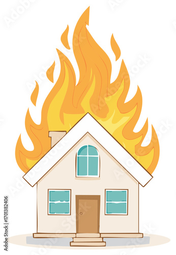 Cartoon House Engulfed in Flames: Illustrative Representation of House Fire Disaster