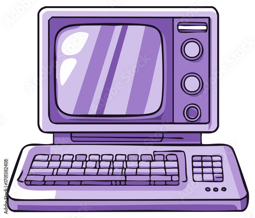 Retro purple personal computer with CRT monitor and keyboard, vintage technology cartoon illustration.