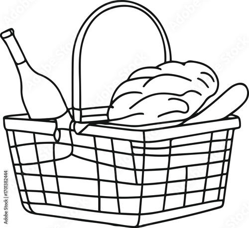 minimal line drawing of picnic basket with wine bottle and bread, black outline, white background 3