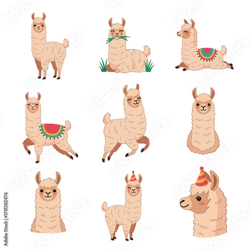 Llama set Cute alpaca vector set. Vector Illustration Pack