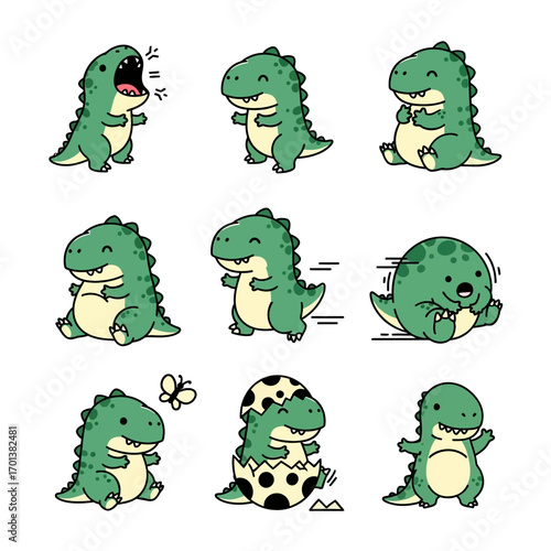 Cute Dinosaur Cartoon Characters Set. Vector Illustration Pack