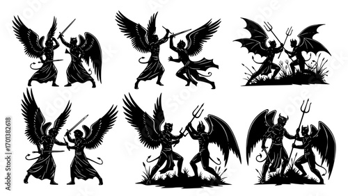 Silhouettes of angels and demons fighting