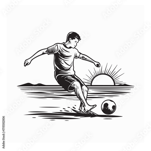 Man Enjoying Soccer Game on the Beach During Sunset image vector