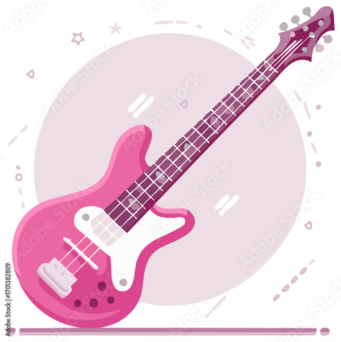 Vibrant Pink Electric Bass Guitar Illustration in Retro Cartoon Style