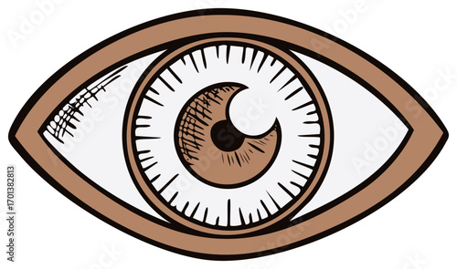 Stylized illustration of a wide open brown eye in a vintage comic book style