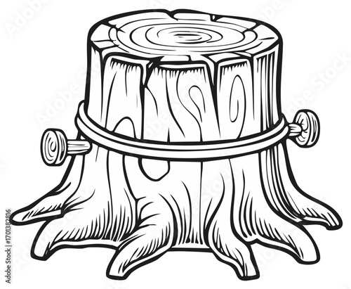 Rustic tree stump with metal band and pegs illustration