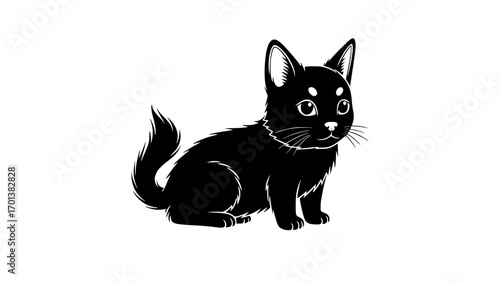 Small black kitten with big eyes, sitting and looking forward