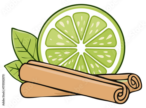 Lime slice with cinnamon sticks and green leaves illustration