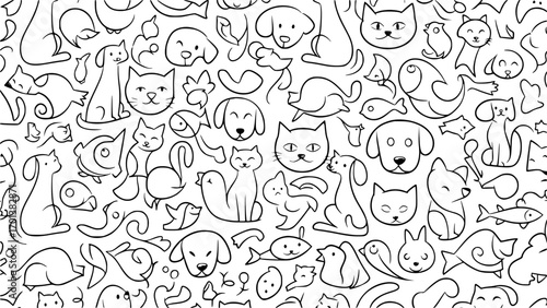 A whimsical doodle pattern of various pets and animals