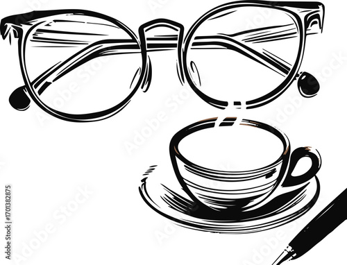 simple line art of eyeglasses beside coffee cup, black stroke, white background, cozy desk scene 1
