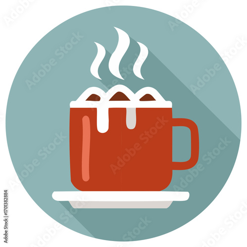 Illustration of a steaming cup of coffee or cocoa with a long shadow in a circle