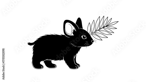 A cute black bunny rabbit holding a sprig of leaves