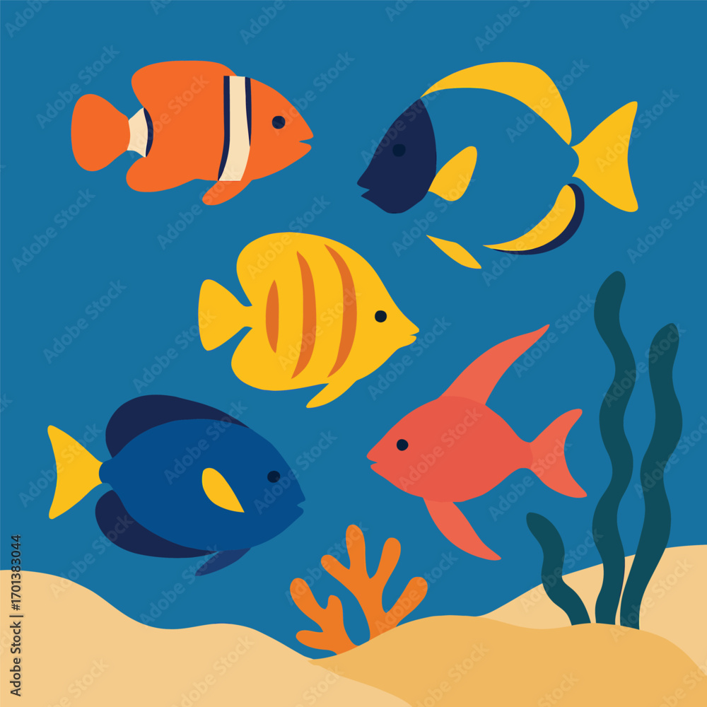 Naklejka premium A vibrant underwater scene with a variety of colorful tropical fish swimming among coral and seaweed.