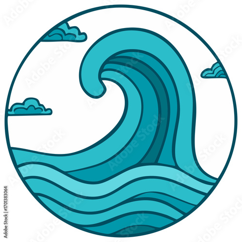 Graphic illustration of a large sea wave and clouds in a circle