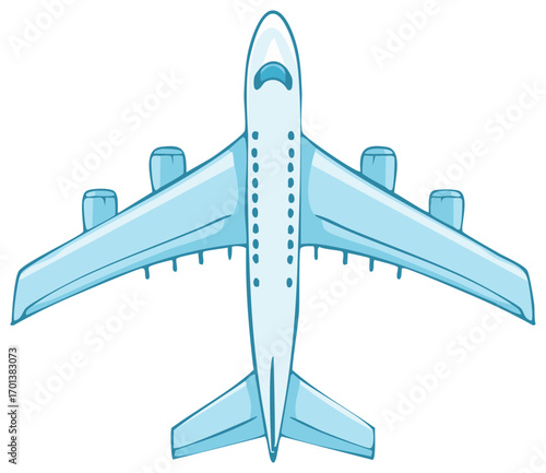 Overhead view of a light blue cartoon airplane with four engines for travel and transportation