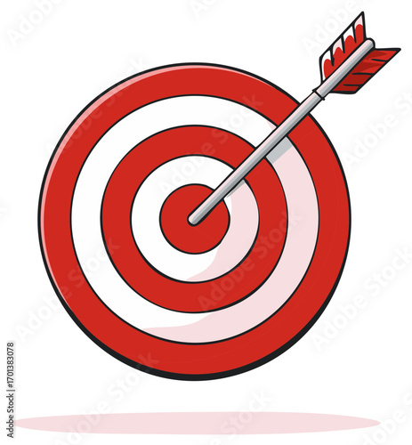Cartoon arrow hitting the center of a red and white target bullseye vector illustration