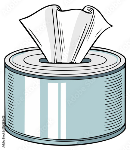 Cartoon illustration of a round canister of soft facial tissue, dispenser of absorbent paper material.