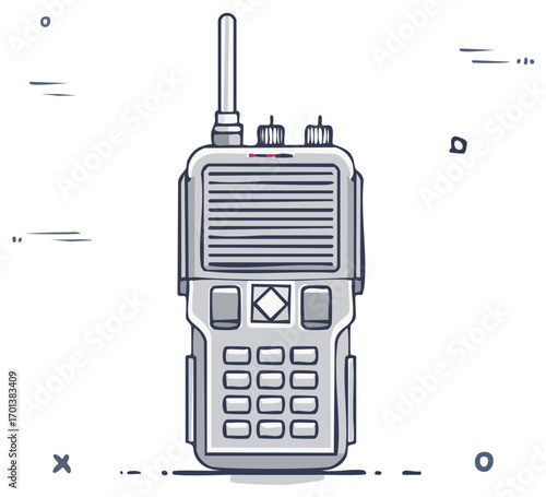 Isolated illustration of a portable handheld transceiver with buttons and antenna on a white background