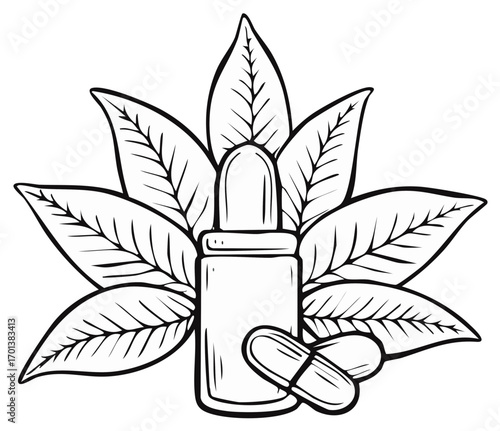 Essential Oil Bottle with Leaves and Pills Illustration