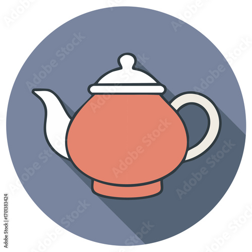 Teapot icon with long shadow flat design vector illustration for tea time or a cafe menu