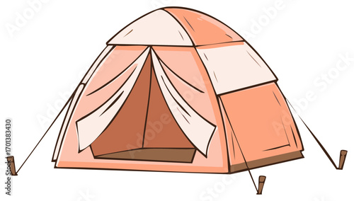 Cartoon illustration of an open orange camping tent with ropes staked into the ground.