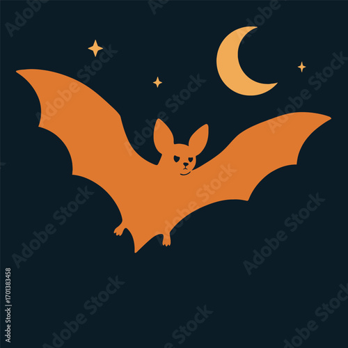 A stylized orange bat with large wings flies against a dark blue night sky with a crescent moon and stars.