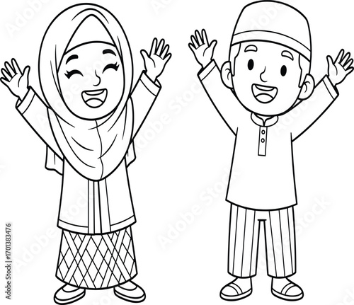 Happy children celebrating diversity, cartoon kids in cultural clothes, joyful illustration, hijab girl, striped pants boy, cheerful, unity, friendship, fun