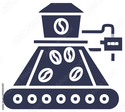 Coffee processing plant with conveyor belt and coffee beans
