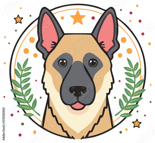 Friendly Dog with Ears Up Inside Foliage Circle with Stars Cute Vector