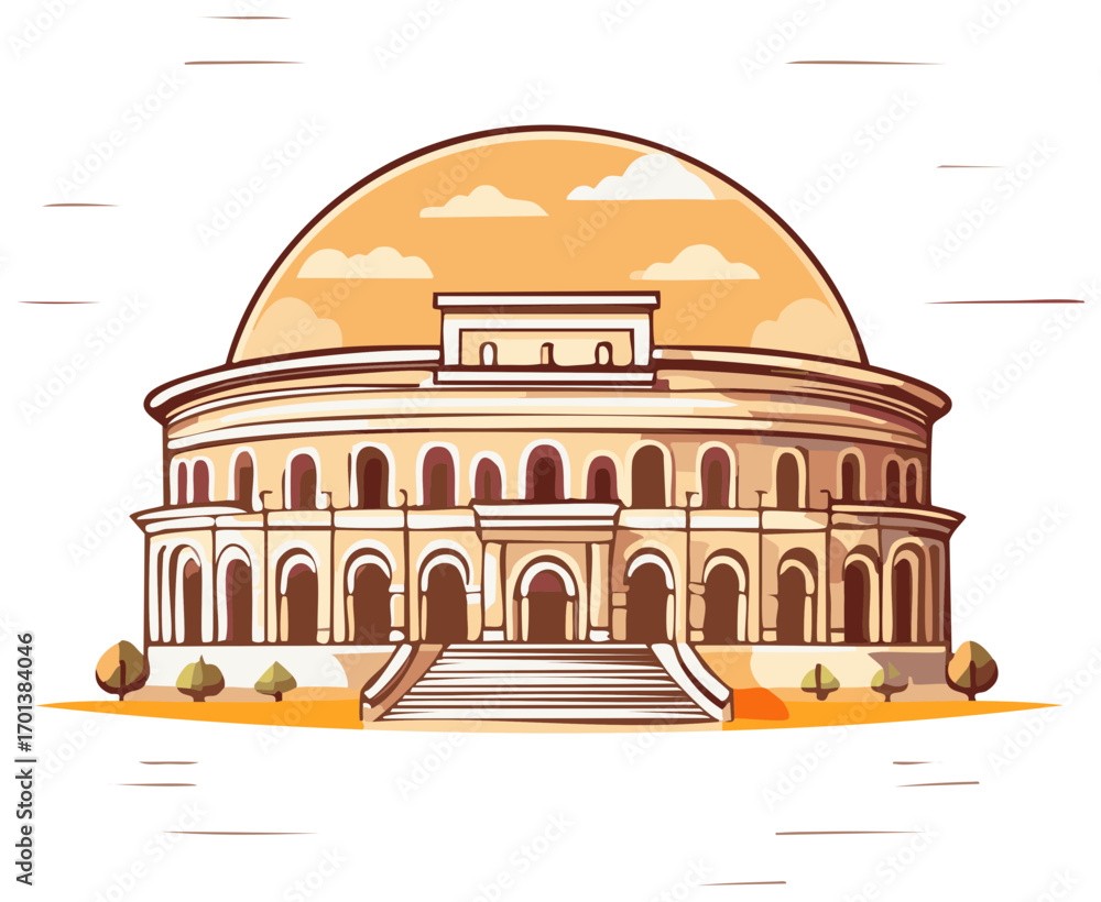 Obraz premium Illustration of a Grand Dome Structure with Archways and Steps in a Stylized Setting