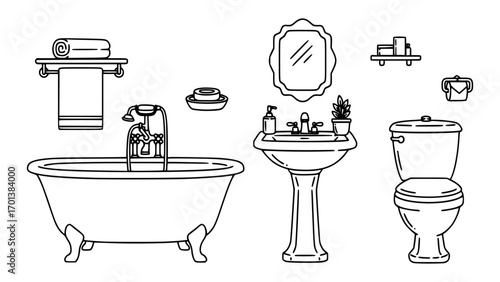 Line art illustration of bathroom fixtures and accessories