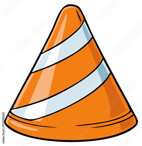 Cartoon Orange Traffic Cone Illustration with Stripes for Road Construction and Hazard Awareness