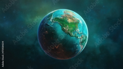 continent. Vibrant Earth globe floating in space, showcasing continents with atmospheric lighting. ESG reports, sustainability campaigns, designed for environmental awareness campaigns.
