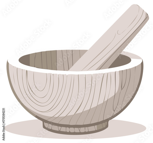 Wooden mortar and pestle illustration kitchen tool for grinding spices herbs