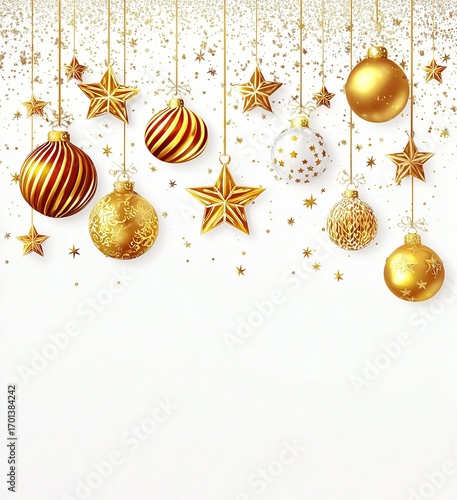 Golden Christmas Ornaments and Stars Hanging on a Sparkling Background for Holiday Designs