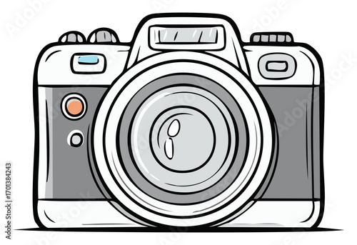A Classic Cartoon Style Camera Illustration with Lens and Flash in Shades of Gray and White Photography Equipment