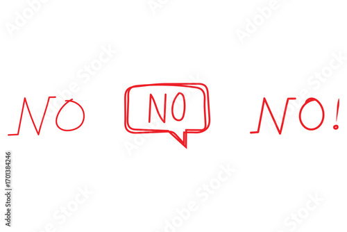 Hand drawn typography no vector illustration, no lettering icon with speech bubble, reject, wrong, disagree concept hand drawn doodle style