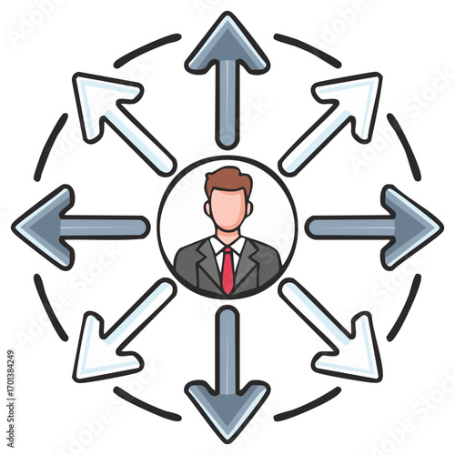 Businessperson surrounded by arrows representing concepts like influence, decision making, options and directions.