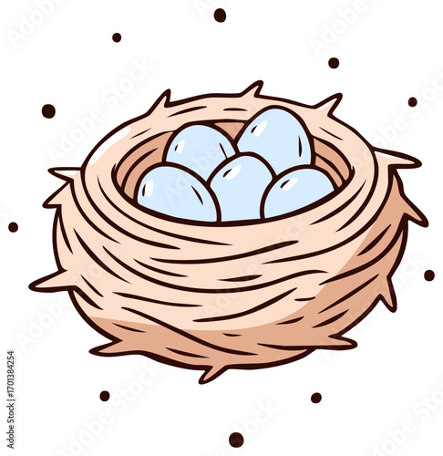 Adorable cartoon illustration of a bird's nest filled with light blue eggs
