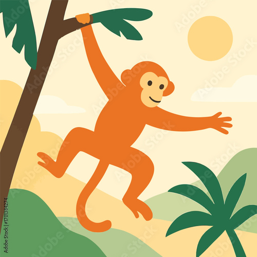 A playful monkey swinging from a tree branch in a tropical landscape.