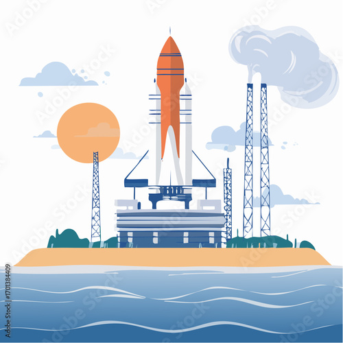 An exciting vector illustration capturing the moment before a powerful rocket is set to fly, symbolizing humanity's ambition and the thrill of flying beyond Earth into space