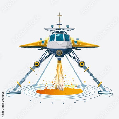 Sci-fi exploration shuttle vector illustration, a futuristic yellow spacecraft designed to fly, depicted flying or landing with powerful energy thrusters on a white background