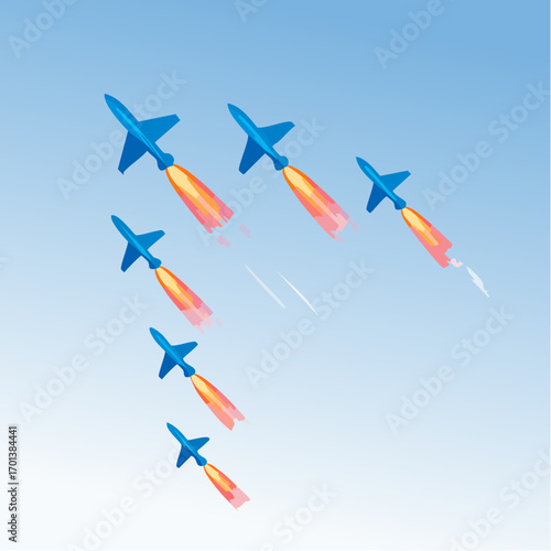 A clear blue sky showcases a group of bright blue rockets in perfect formation, their fiery trails propelling them upwards in a dynamic vector fly, flying