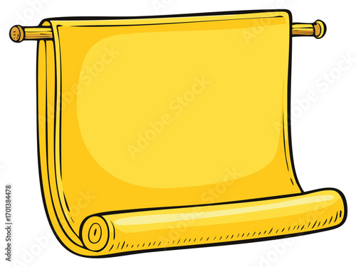 Blank Yellow Scroll with Wooden Dowels, Cartoon Parchment for Message or Banner