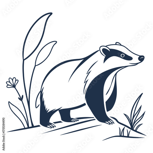 Elegant line art illustration of a wild badger in nature