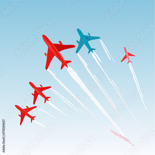 Vector illustration of a squadron of commercial jets flying in formation, with a single blue plane leading the red aircraft as they fly across the sky, a concept of leadership and teamwork
